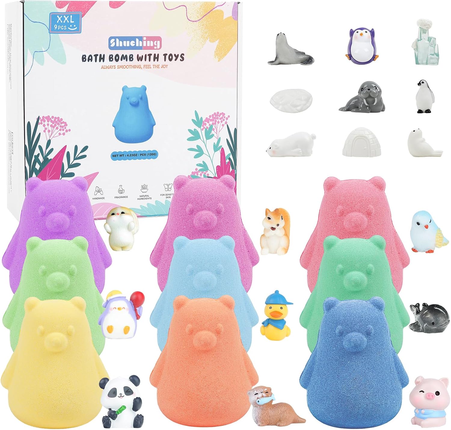 SHUCHING 9 Grande Bombas de Baño Oso Polar para Niños con Sorpresa, Bolas de Baño Infantiles con Juguetes, Set de regalos Orgánico Natural para Cumpleaños Fiestas