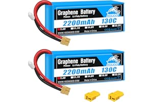 YOWOO POWER Yowoo 2 pezzi Batteria Lipo 2s 2200mAh 130C 7.4V RC Batteria Grafene con connettore XT60 Compatibile con RC 1/16 o 1/14 RC Cars RC Helicopter FPV Racing UAV Drone (extra one connettore Deans T)