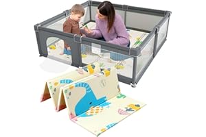 Elfew Parque infantil de 200 x 180 cm, color gris, con alfombra de juegos, parque infantil con red transpirable y colchón plegable, centro de actividades para niños en interiores y exteriores