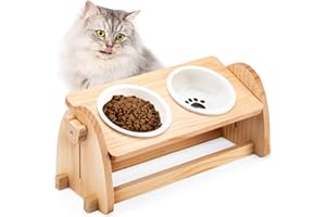 HAPPY HACHI Comedero Gato Elevado, Ajustable Bambú Doble Inclinación Comederos Lento, 2 Cuencos Comedero Bebedero Gatos de Cerámica y Pies Antideslizantes, para Mascotas Medianas Pequeñas (360 Ml)