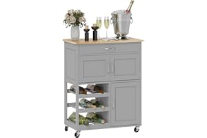 HOMCOM Modern Kitchen Trolley, Rolling Island Storage Cart with Drawer, 9-bottle Wine Rack, Door Cabinets, Wooden Countertop, Grey