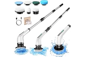 SOYAA Elektrische Reinigungsbürste Haushalt, Power Spin Scrubber mit 7 Reinigungsköpfen IPX7 Wasserdicht, Verstellbarem Griff Elektrische Putzbürste 25-140CM für Badezimmer, Toilette, Boden, Badewanne