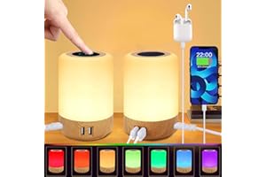 Taipow Lampe de Chevet, Veilleuse LED avec 4 Ports de Chargement USB-A, Lampe Chevet Tactile, Night Light avec 8 Couleurs /10 Niveaux de Luminosité pour Chambre Salon Salle de Bébé (Eu Plug) - 2Pcs