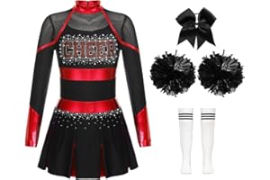 FEESHOW 4 Pcs Girls Cheer Leader Costume Long Sleeve Fancy Dress for Kids Halloween Cheerleading Outfits Set