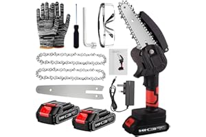 GOMPUY Mini Chainsaw, 6 Inch Electric Mini Chainsaw Cordless, Small Hand Chainsaw, Small Handheld Chain Saw, Electric Battery Chainsaw with 2 × 2000 mAH Batteries, 2 Chains, for Wood Cutting Tree Trimming