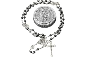 Nazareth Store St Michael Rosary Hematite Stone Beads Necklace Metal Beaded Glory Beads Archangel Medal & Cross with Metal Gift Box