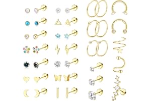 JeryWe 42Pcs 20G Orecchini in Acciaio Inox per le Donne Ragazze Luna Stella Piccoli Bottone Vite Posteriore Piatta Orecchini Cerchio Orecchini Rotondo