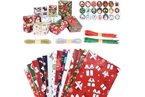 UIHOL Papier Cadeau Noel Enfant, 14 Feuilles Emballages de Cadeaux de Noël décoratifs Papier, 21 Etiquettes Cadeaux + 14 rubans à nœud + 2 Rubans d'or et d'argent de 10 m, Grand Papier Cadeau Noel, 50x70cm