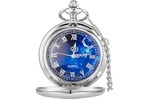 Tiong Vintage Pocket Watch Smooth Steel Roman Numerals/Blue Starry Design Quartz Pocket Watches with Chain for Men Women