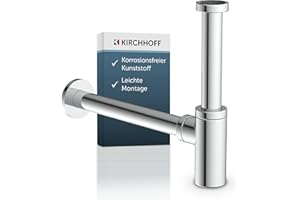 Kirchhoff Design Siphon, Abfluss, Siphon Waschbecken Bad aus korrosionsfreiem Kunststoff, Syphon für Waschbecken und Waschtisch, Geruchsverschluss mit Reinigungsöffnung, Flaschensiphon, 98803818,Chrom