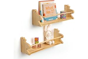 Gronda Kids Bookshelf Wooden Floating Book Shelves for Wall Set of 2 Nursery Shelves Wall Mounted Book Shelf Kids Room for Wall Decor Organizer Small Hanging Shelf Kitchen Spice Rack with Cute Deer