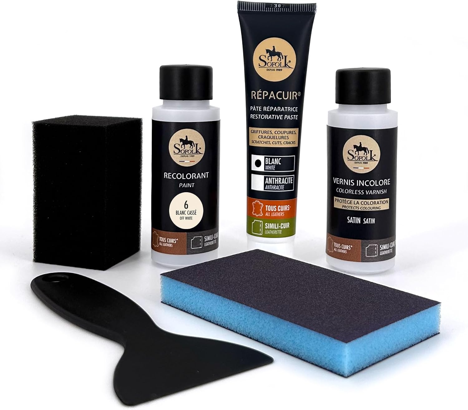 SOFOLK Kit de renovación de Cuero y Polipiel: reparación + Pintura + Pintura Protectora - Volante, Asiento de Coche, sillón, Zapatos (6-Off-White)