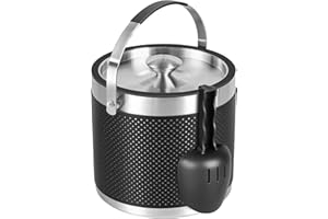FIVEHOME 3.2L Eiswürfelbehälter mit Deckel und Schaufel, Upgrade Lederdesign Edelstahl Eiskübel, Doppelwandiger Isolierter Eisbehälter für Cocktailbar und Party (Schwarz)