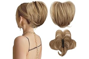 PORSMEER Claw Clip in Short Brown Ponytail Hair Extension with Bendable Metal Wire Hair Pieces for Women Messy Bun Hair Piece, Fake Pony Tail DIY Styles