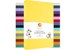 ‎HEIM24H GERMANY Heim24h Spannbettlaken 120x200cm bis 30 cm, Gelb, 100% Baumwolle Bettlaken, Öko Tex Zertifiziert Jersey Spannbetttuch