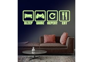 KAIRNE Glow in The Dark Video Gamer Wall Sticker, Eat Sleep Game Repeat Luminous Wall Decals for Game Room Nursery Boys Bedroom Wall Decoration Vinyl Decal Lettering Stickers Home Decor