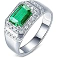 Lieson Platinum Ring for Men, Anniversary Ring for Him 1.42ct Rectangular Emerald with 0.35ct Diamond Promise Engagement Ring White Gold