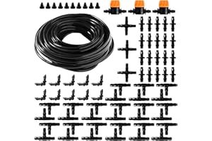 VooGenzek 77 Pezzi 4/6 mm Kit Irrigazione a Goccia, 15m Tubo Irrigazione, Kit fai da te Sistemi di Irrigazione, con Giunti a Barbe Dritte, Connettori a T, Tappi Terminali, per Aiuola