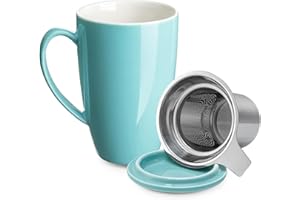 LEKUNI Taza Té de Porcelana con Infusor y Tapa, Accesorio de Té con Filtro, Taza de Té de Hojas Sueltas con Infusor, 450ml para Té/Café/Leche/Mujer/Oficina/Hogar/Regalo (Turquesa)