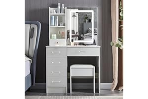 onesaimei White Modern Vanity Dressing Table with Mirror and Cushioned Stool Set Makeup Table with Hollywood LED Mirror Large Vanity Set Cosmetic Table with 5 Drawers for Girls