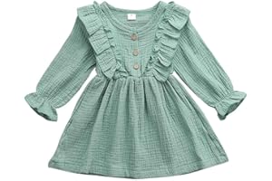 Geagodelia Vestito Bambina Abito da Principessa Bambina Tinta Unita a Maniche Lunghe con Volant in Cotone e Lino Tuta Bambina Abito Bambina Casual Elegante
