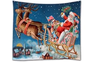 A.Monamour Tapisseries Père Noël Renne Tirant Traîneau Au-Dessus Du Village Sur La Neige Enneigée Noël Décors De Vacances Tissu Tenture Murale Tapisserie Décors Muraux Salon 153X203Cm / 60 "X80