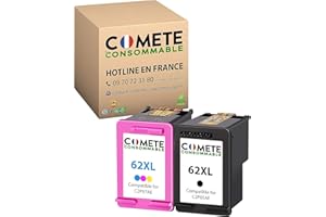 COMETE CONSOMMABLE COMETE, Marque Française - 62XL 62 XL - 2 Cartouches d'encre Compatibles avec Les imprimante HP (C2P05AE + C2P07AE) - 1 Noir + 1 Couleur