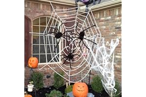 AniSqui Ogromna dekoracja pająka na Halloween, 3,5 m + trzy gigantyczne pająki + 40 g rozciągliwa kolba sieciowa do dekoracji halloweenowych wewnątrz i na zewnątrz