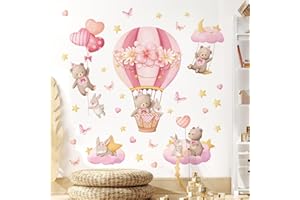 Tanlaby Mongolfiera Rosa Adesivo da Parete Orso Coniglio Stelle Nuvole Adesivi Murali Animali a Palloncino Decorazione Murale per la Cameretta dei Bambini Camera da Letto Aula