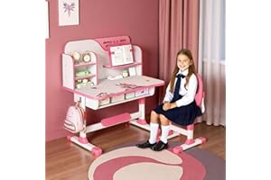 ehozirta Kids Study Desk Chair Set,Height Adjustable child desk and chair set School study table for kids,kids desk with chair gift, children desk (Pink)
