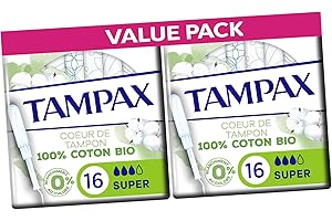 Tampax Cotton Protect Super Organic Tampons 32 Tampons (2 Packs of 16) – Organic Cotton Core with MotionFit Applicator and LeakGuard Braid for Medium to Heavy Flow