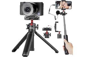 UURIG Small Tripod for Phones and Cameras Vlogging - MT-16 Extendable Mini Tripod, 4 Levels Adjustment 360° Ball Head Cold Shoe Lightweight Portable Vlog Travel Selfie Stick Handle Grip Desktop Tripod