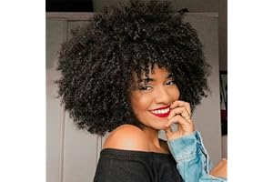 QUEENTAS Parrucca afro riccia corta da 10 pollici per donne nere Parrucca afro riccia crespa con frangia Parrucca sintetica piena e soffice senza colla (Nero)