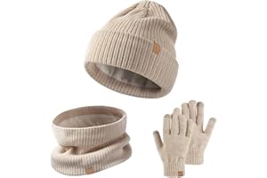 SSKHE Lot de 3 bonnets, écharpes, gants d'hiver chauds et thermiques en tricot pour enfants de 5 à 12 ans - Moufles tactiles - Doublure en polaire douce - Élastique - Pour sports de plein air