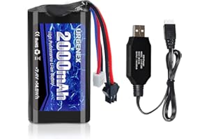 URGENEX 7.4 V Li-ion Battery 2000 mAh 2S Battery with SM 2P Plug High Capacity for Remote Control RC Boat H101 RC Batteries with Charger (1PCS)