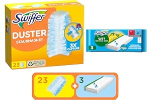 Swiffer Duster Piumini Catturapolvere, 23 Piumini + 3 Panni Lavapavimenti Wet, Cattura e Intrappola Polvere e Sporco, Raggiunge I Punti più Difficili della Casa, Maxi Formato, Scorta per 36 Mesi