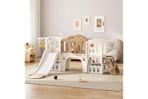 VUECER Rutsche mit Klettergerüst für Kinder: Indoor Spielplatz mit - Aufbewahrungsbox Tunnel Treppenleiter Basketballkorb und Durchgangsbereich Gartenrutsche (Elf Set-E-Brown)