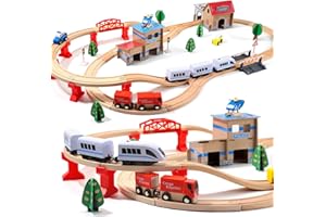 HOLYFUN Elektrisches Holzeisenbahn-Spielzeugset für Kleinkinder, 88-teiliges Eisenbahnschienen-Spielzeug Jungen und Mädchen im Alter von 3, 4 und 5 Jahren.