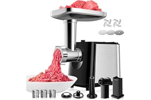 Helangel Picadora de carne eléctrica, 2000W profesional picar Carne para hacer salchichas y kubbe con 3 placas, 3 clicers y embutidora, picadora eléctrica para cocina doméstica