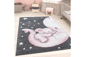 VIVA RUGS Kids Rug Pink Grey Animal Nursery Carpet Soft Woven Girls Bedroom Rug Baby Playroom Mat (Pink Grey White Elephant, 120x170cm (4'x5'6"))