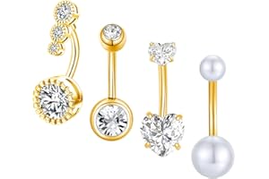 Gojewen 4pcs Belly Button Bars 6mm 8mm 10mm 12mm 14mm Navel Rings Silver Gold Stainless Steel Heart Crystal Belly Piercing Jewellery