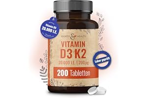 Vitamin D3 K2 Tabletten -200 Tabletten - Vitamin D Hochdosiert 20000 IE + 200µg Vitamin K2-Mk7 - D3 K2 Depot - Premium Qualit