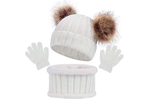 Baynetin Cappello a Maglia Bambini Invernale Sciarpa Guanti 3 Pezzi,Termico Maglia Crochet Doppio PomPom Cappello Sciarpa Guanti 3 in 1,per 1-6 Anni Ragazzi Ragazze