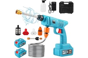QAWNER Pistola de Agua a Presión 35 Bar, Hidrolimpiadora de Alta Presion con 2 Baterías 12000mAh, Manguera de 10 m y Caja de Herramientas portátil, Limpiador a presion batería para Jardín y Coche