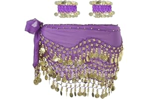 Morices Belly Dance Hip Scarf with Bracelets, Chiffon Belly Dance Scarf Wrap Belt Sash Skirt with Gold Coins for Performance Costume Belly Dance Yoga Class