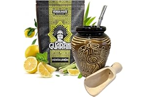 THE YERBA PROJECT Guarani Yerba Mate Tea Set | Natural Strong Energy Drink | Mate Tea Complete Set | Begginer's Kit | Yerba Mate GUARANI Mint & Lemon 500g | Ceramic Bird Cup Gourd 300ml | Stainless Bombilla