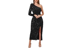 VERWIN Dam paljettklänning en axel bodycon sned krage maxiklänning glittrande spilld svepande cocktailklänning