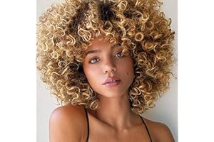 COLORFUL PANDA ColourfulPanda Afro Perücke Braun Blond Brazilian Synthetische Brasilianisches Verworrene Lockige Natürliche Haar für Frauen, Kinky Curly mit Pony kurze Perücken für Schwarze Damen (Braun Blond)