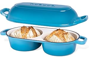 Faitout pour la cuisson du pain au levain – Pot à pain en fonte émaillée – 260 °C – Passe au four – Double espace rond pour pain, 16,5 cm de diamètre, bleu clair Nuovva