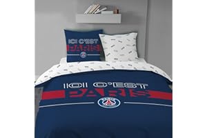 OMYDREAM PSG Devise Parure de lit | 100% Coton | Oeko-TEX | Housse de Couette 240x220cm + 2 Taies d'oreiller 63x63cm | Imprimé Garçon | Bleu